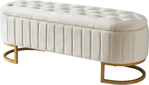 Miniatura 8 de Polibi Elegante otomana tapizada de terciopelo con botones, banco de almacenamiento con patas de metal para dormitorio, sala de estar, entrada, Beige