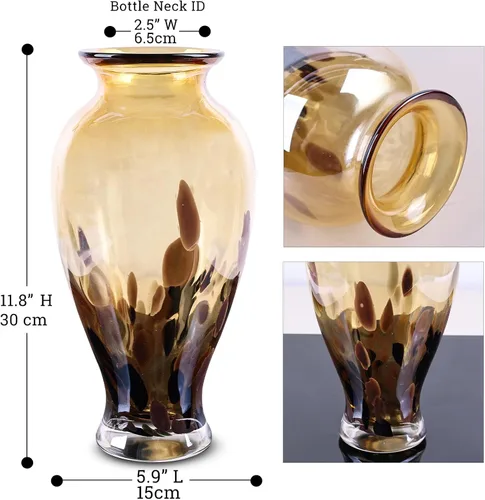 Miniatura 3 de Jarrón de vidrio ámbar dorado soplado de 11.8 pulgadas de alto, jarrón de vidrio opaco ámbar, diseño único de boca ancha decoración de arte