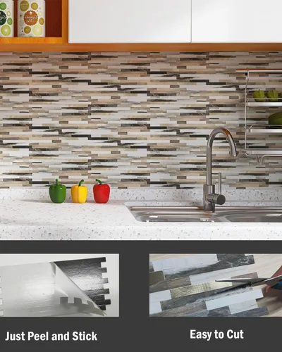 Miniatura 3 de KASARO 20 hojas de azulejos autoadhesivos para salpicaduras para cocina, mármol marrón blanco con rayas doradas antiguas, azulejos de mosaico
