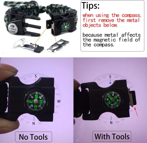 Miniatura 8 de Brazalete de supervivencia con paracord, iniciador de fuego, luz SOS impermeable, brújula, silbato, AK87 ajustable 20 en 1, juego de supervivencia