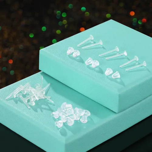 Miniatura 3 de Aretes transparentes para deportes/trabajo, aretes de plástico de 0.118 pulgadas para orejas sensibles, 100 pares de aretes y pines en blanco
