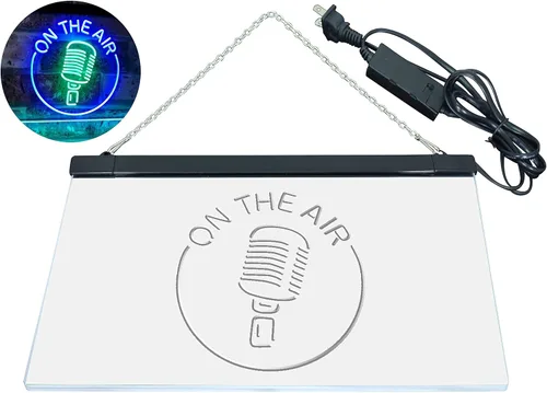 Miniatura 7 de ADVPRO - cartel de neón para estudio de grabación, LED, con micrófono y rótulo «On the air» Verde y azul