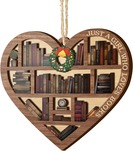 Miniatura 3 de V VIBEPY Impreso en toda la superficie, adornos para amantes de los libros, adorno de libro de Navidad de corazón de estantería de 3.2 x 3.5