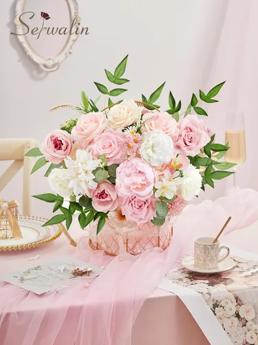 Miniatura 7 de Serwalin Flores Artificiales Peonías Rosas Flores Falsas de Boda Conjunto de Caja de Flores para Pastel para Ramos de Boda DIY Centros de Mesa