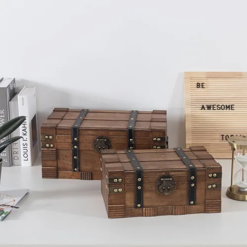 Miniatura 4 de Soul & Lane Cajas de madera con tapas con bisagras, juego de 2, baúles decorativos para almacenamiento y decoración del hogar, cofres del tesoro