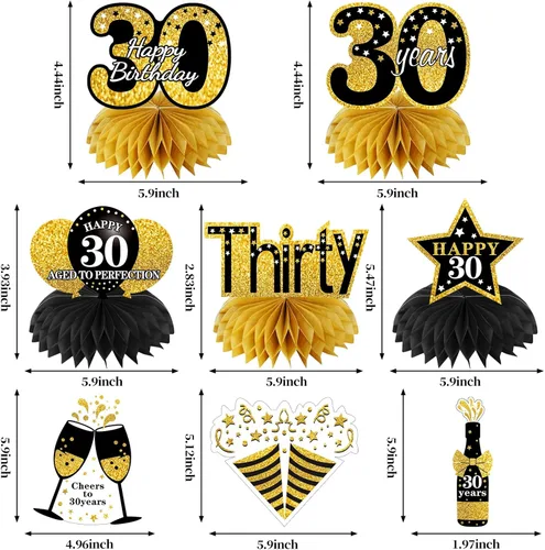 Miniatura 3 de Turypaty Kit de 36 piezas de decoración de cumpleaños de 30 años para hombres y mujeres, pancarta de feliz cumpleaños número 30, globo de panal