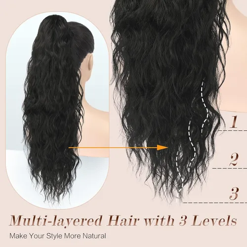 Miniatura 4 de FESHFEN Extensiones de cola de caballo – 26 pulgadas cordón largo rizado ondulado clip en colas de caballo pelo sintético extensiones de cola