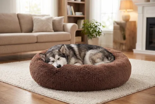 Miniatura 7 de SAVFOX Camas calmantes de felpa para perros, cama de perro de dona para perros pequeños, tamaño mediano, grande y extragrande, cómoda cama para Beige