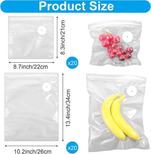 Miniatura 2 de 40 bolsas selladoras al vacío para alimentos con válvula de aire, bolsas reutilizables para Sous Vide (20 L+20 pequeñas)