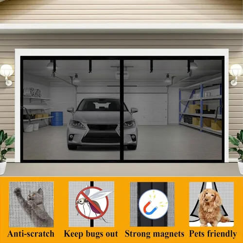 Miniatura 6 de Pantalla magnética para puerta de garaje de 10 x 9 pies para 1 automóvil, cortinas de red manos libres, cierre de puerta retráctil de fibra