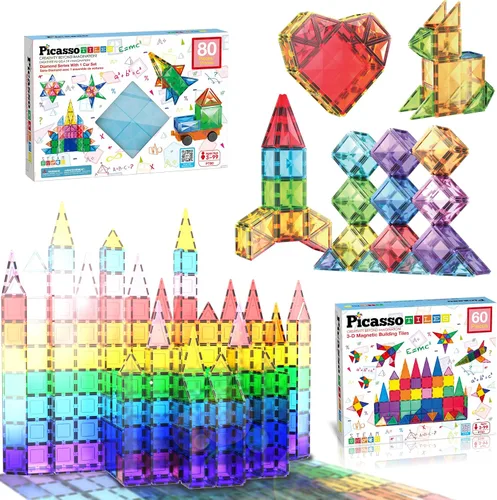 PicassoTiles Paquete de construcción: 80 piezas de diamante + 60 piezas de azulejos magnéticos de bloques de construcción: juguete educativo STEAM