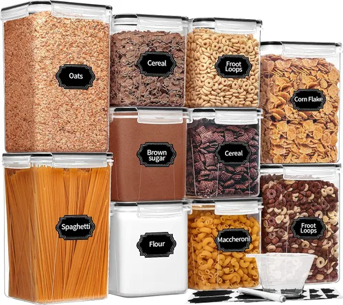 Skroam Contenedores grandes herméticos para almacenamiento de alimentos con tapas, paquete de 10 recipientes de cereales, organizadores de despensa