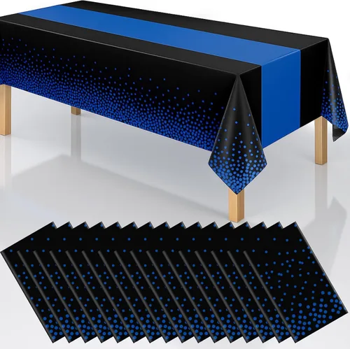 Miniatura 14 de Manteles de plástico desechables 2 en 1 de 54 x 108 pulgadas, mantel rectangular de cocina con lunares negros y azules, para boda, cumpleaños, baby