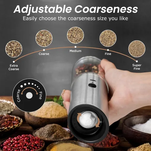 Miniatura 3 de VEVOK CHEF Juego de molinillo eléctrico de sal y pimienta, recargable con luz LED, tipo C, gravedad automática, acero inoxidable, molino
