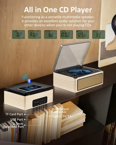 Miniatura 2 de Gelielim Reproductor de CD retro, reproductor de CD de escritorio con entrada y salida Bluetooth, batería recargable, altavoces de alta fidelidad