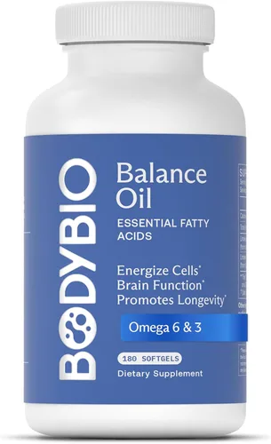 BodyBio Aceite de equilibrio - Suplemento vegano Omega 3 6 - Aceite de cártamo y linaza prensado en frío - Apoya la función cerebral, la piel
