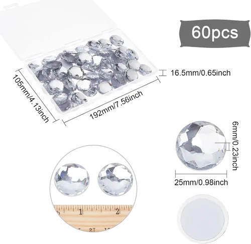Miniatura 2 de FINGERINSPIRE 60 diamantes de imitación acrílicos autoadhesivos de 0.98 pulgadas con contenedor, parte trasera plana transparente, gemas circulares