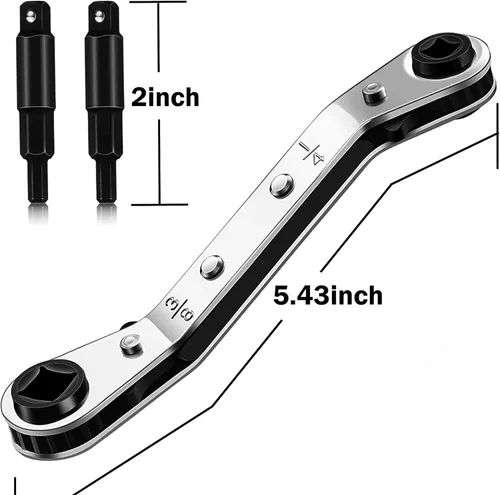Miniatura 2 de Llaves de servicio HVAC: Llave de trinquete de válvula de aire acondicionado de 3/16” a 3/8” 5/16’’ x 1/4’’ con kit de adaptador de 2 bits