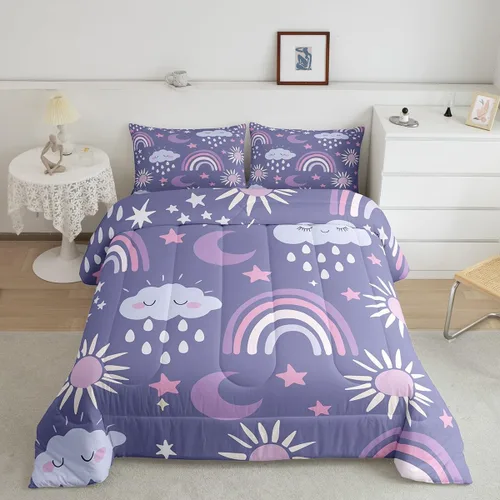 Miniatura 2 de Erosebridal Juego de ropa de cama de arcoíris y nubes para guardería, tamaño individual, juego de edredón lindo de sol y luna para niños y niñas