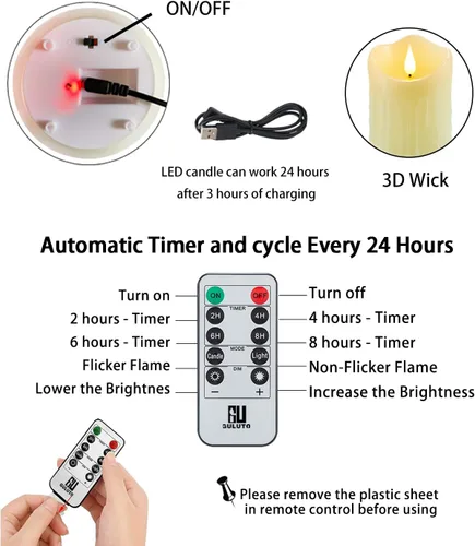 Miniatura 2 de Velas sin llama con batería recargable, velas parpadeantes con control remoto y temporizador, velas LED de pilar de cera real, velas LED