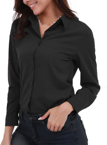 Miniatura 2 de Gemolly Camisas básicas con botones para mujer, manga larga, talla grande, simple, elástica, formal, casual, blusa