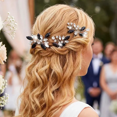 Unicra Horquillas para el pelo de cristal negro plateado con diamantes de imitación, piezas de pelo de novia, accesorios para novias y mujeres,