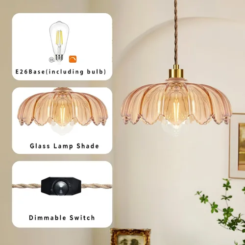Miniatura 4 de QIYIZM Lámpara Colgante con Enchufe Luces Colgantes con Cable de Enchufe Lámpara Colgante de Vidrio Vintage Dorada Regulable Lámpara de Techo Floral