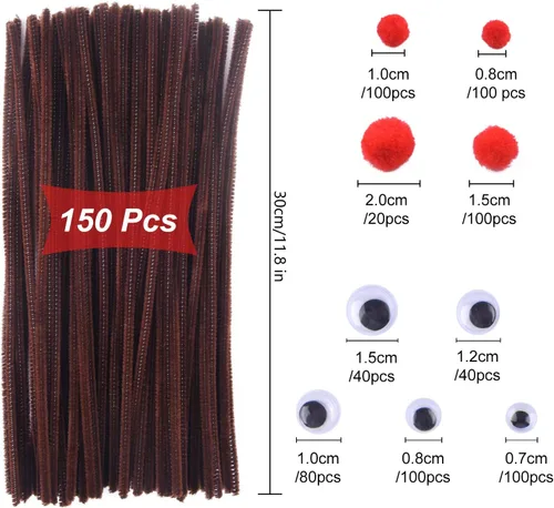 Miniatura 2 de CHRORINE Juego de 830 limpiapipas para manualidades, limpiadores de tuberías marrones, ojos salteados, pompones rojos para manualidades de renos