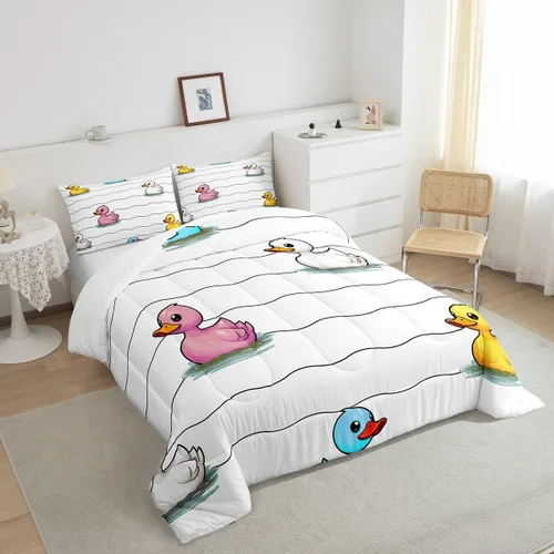 Miniatura 4 de Erosebridal Juego de ropa de cama a cuadros azul para niños, juego de cama individual con diseño de patos amarillos de dibujos animados, juego