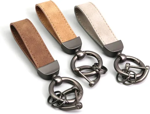 3 llaveros de cuero para automóvil, llavero giratorio de 360 grados y anillo en D antipérdida para hombres y mujeres (marrón, gris, amarillo),