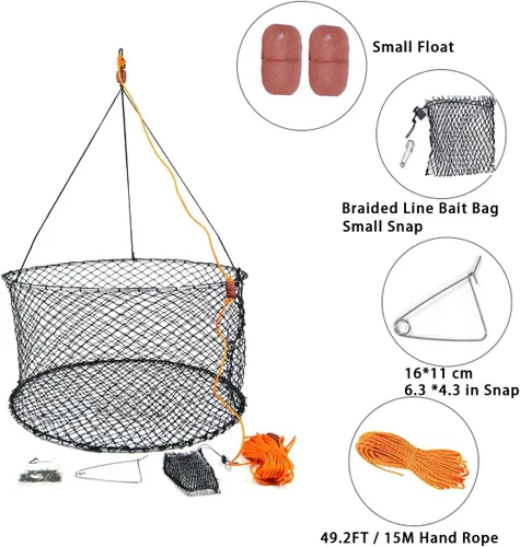 Miniatura 3 de Drasry Trampa de anillo para cangrejos, kit de dos anillos con arnés y clip para cebo, red de pesca de cangrejos para kayak, muelle y plataforma