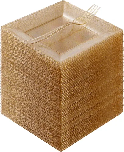Goodluck 240 platos cuadrados de plástico de postre con purpurina dorada de 6.5 pulgadas con tenedores de 7.4 pulgadas, platos dorados para