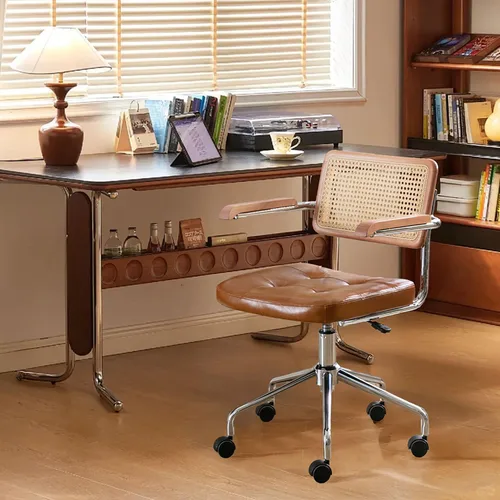 Miniatura 8 de Zesthouse Silla de escritorio de oficina de cuero con ruedas, silla de escritorio con ruedas de mediados de siglo con brazo de madera y respaldo