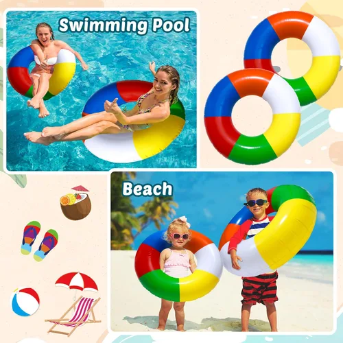Miniatura 5 de 2 piezas de herramientas inflables de natación de 35 pulgadas, anillos de natación a rayas de arco iris, flotadores de playa, piscina, anillos