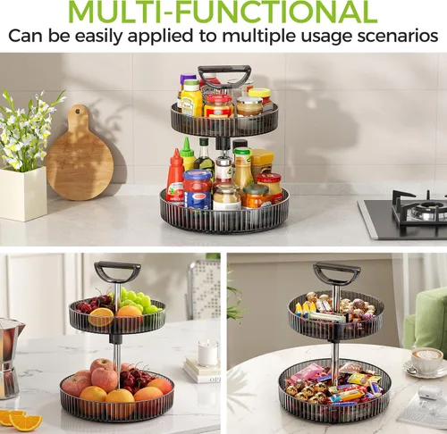 Miniatura 7 de Lazy Susan - Organizador giratorio de 360° de 2 niveles con asas de altura ajustable, organizador de especias para gabinetes, organizadores