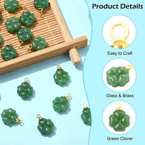 Miniatura 4 de Ipotkitt 20 dijes de trébol de cristal verde de cuatro hojas, adornos de trébol de la suerte, dijes del día de San Patricio para manualidades