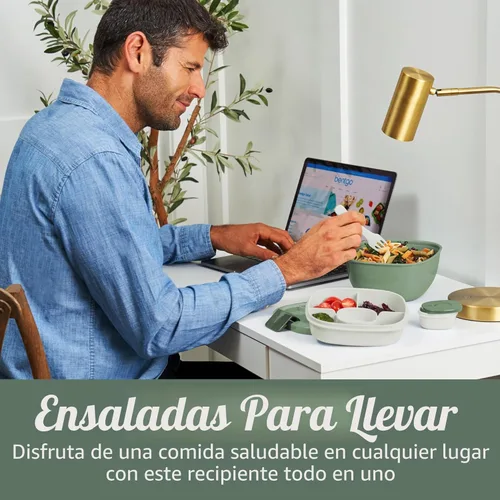 Miniatura 2 de Bentgo Recipiente para ensalada – Tazón de 54 onzas con bandeja de 4 compartimentos para aderezos, recipiente a prueba de fugas, tenedor Caqui Verde