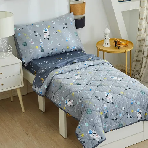 Miniatura 4 de Brandream Juego de ropa de cama de 4 piezas para niños y niñas con cohete espacial y galaxia, incluye edredón, sábana encimera, sábanas bajeras