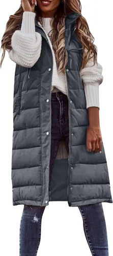 Miniatura 17 de Chaleco largo para mujer, sin mangas, acolchado, con cremallera, capucha, abrigo de invierno cálido, ligero, con bolsillos