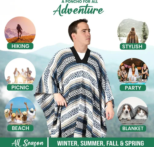 Miniatura 97 de Artisans Bazaar Poncho tradicional mexicano de Baja para hombres y mujeres, auténtico sarape de Gaban, manta de vaquero Pancho Jorongo