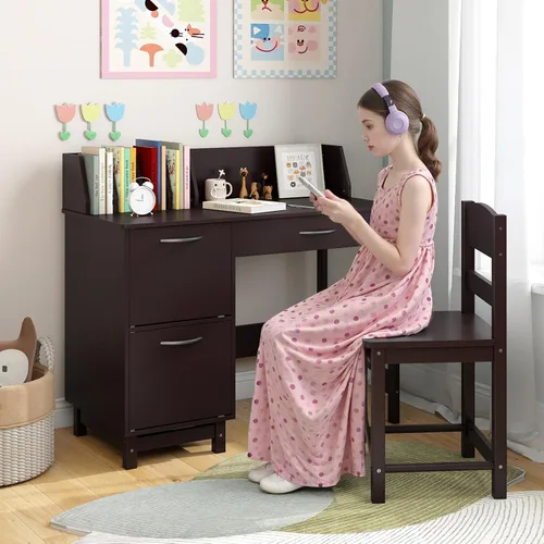 Miniatura 9 de Costzon Juego de escritorio y silla para niños, escritorio de estudio de madera para estudiantes con aparador, cajón de almacenamiento y gabinetes