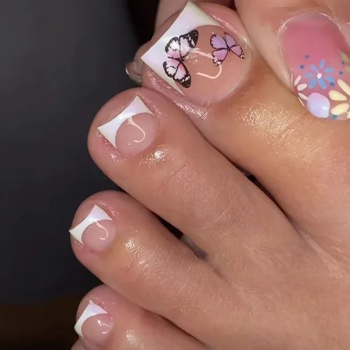 Miniatura 7 de Uñas postizas acrílicas artificiales negras para los dedos de los pies, ataúd a presión con diseños de flores blancas, uñas postizas reutilizables