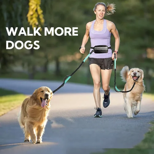 Miniatura 8 de Correa de perro manos libres con bolsa, correa doble para dos perros, elástico retráctil con asas dobles acolchadas, cintura para pasear perros, Rosa