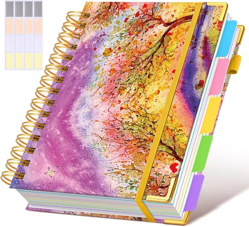 Miniatura 64 de Cuaderno universitario de espiral con tapa dura de cuero de 8 x 10 pulgadas, con pestañas separadoras extraíbles, para 5 materias, a rayas; diario