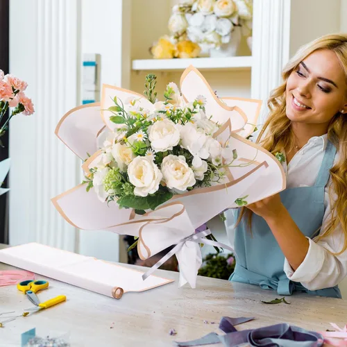 Miniatura 6 de Yahenda 420 hojas de papel de regalo de flores: papel de ramo de flores de 23 x 23 pulgadas con borde dorado, estilo coreano, para boda, despedida