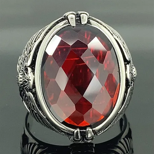 Miniatura 7 de Men Handmade Eagle Ring, Ruby Stone Ring, Silver Red Ruby Stone Ring, 925k Sterling Silver Ring, Handmade American Eagle Mens Ring