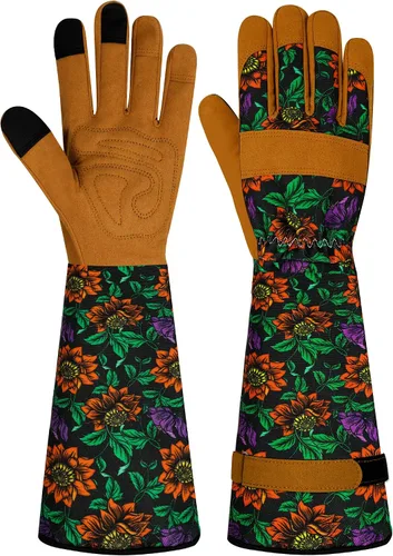 Guantes largos de jardinería para mujer, guantes de cuero a prueba de espinas, guantes de trabajo transpirables para mujeres, patio, exteriores