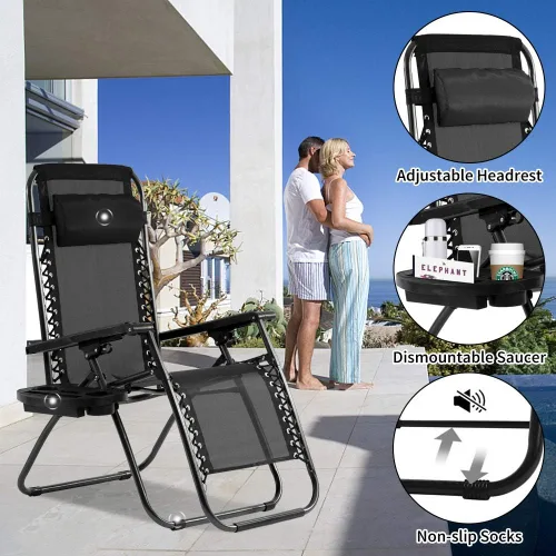 Miniatura 4 de Silla Zero Gravity para patio, tumbona, paquete de 2 sillas reclinables plegables ajustables para exteriores con bandeja portavasos, almohadas