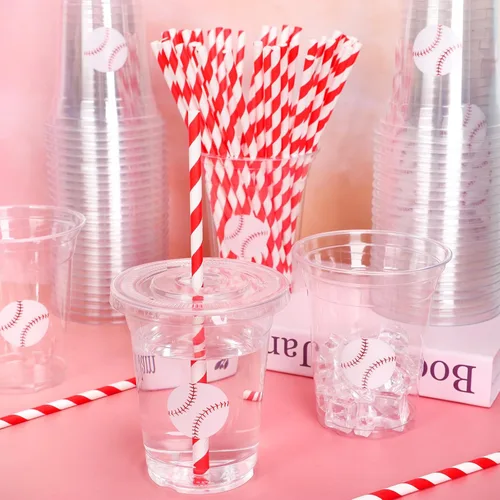 Miniatura 4 de Whaline 50 piezas de vasos de plástico desechables de béisbol con tapas y popotes, vasos rojos y blancos de pelota, vasos para bebidas frías