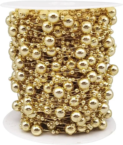 INSPIRELLE Cadena de Cuentas de Árbol de Navidad de 99 Pies con Perlas Artificiales de Oro, Guirnalda de Cuentas de Plástico para Decoración de Boda